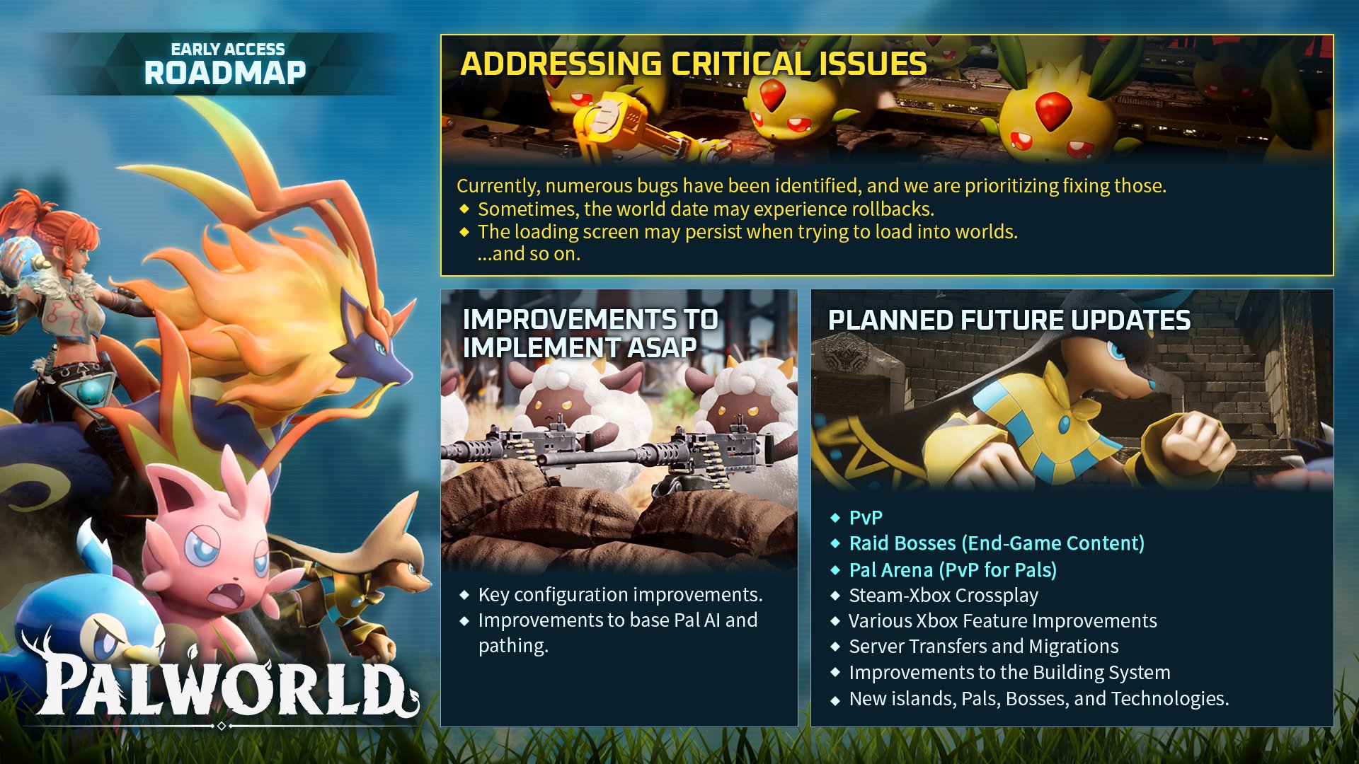 Palworld early access roadmap confirms plans for PvP and raid bosses