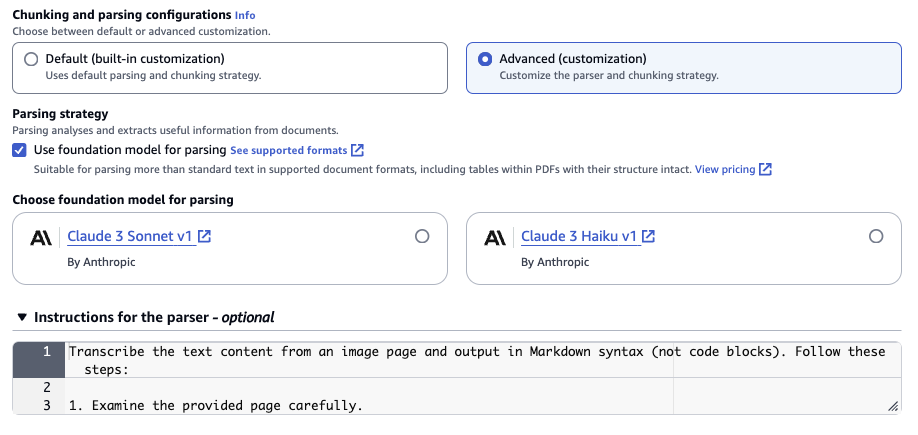 Knowledge Bases for Amazon Bedrock now supports advanced parsing, chunking, and query reformulation giving greater control of accuracy in RAG based applications